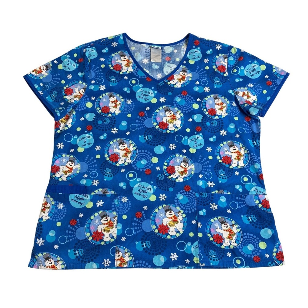Vintage Y2K Frosty The Snowman Scrub Top Women L All Over Print Nurse Pediatrics
